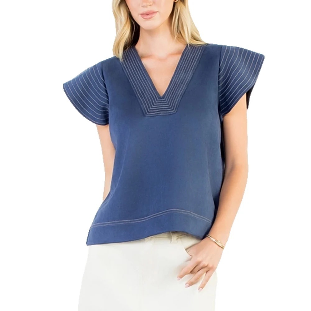 THML Coastal Chic Navy Flutter Sleeve Linen Blend Top Quiet Luxury Old Money L - Picture 5 of 11